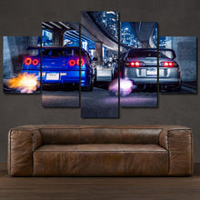 Load image into Gallery viewer, Toyota Supra MK4 Nissan GT-R R34 5-piece framed canvas print – wall art gift for sports car enthusiasts