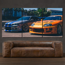 Load image into Gallery viewer, Fast &amp; Furious Nissan GT-R R34 &amp; Toyota Supra 3-piece framed canvas print – premium motorsport wall art